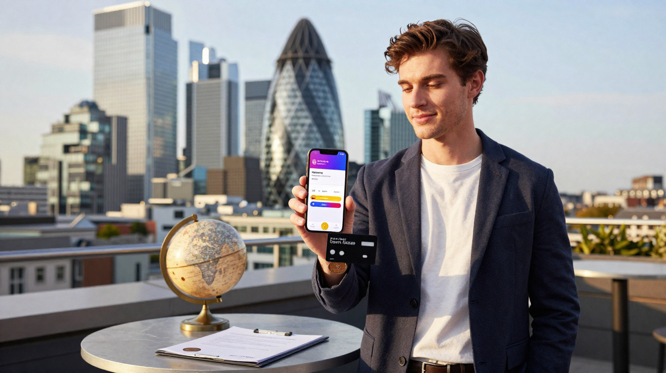 Man in blazer showing a smartphone and a Black card with London cityscape in the background.