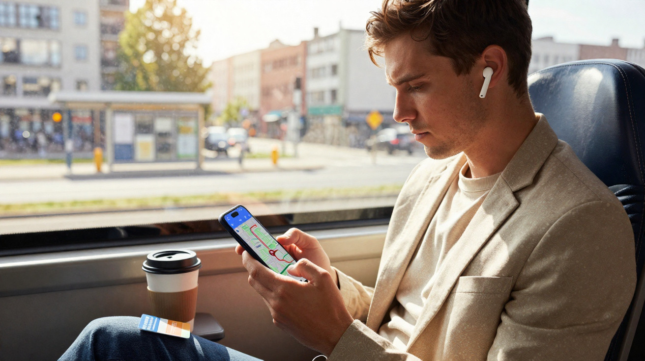 Young man with wireless earbuds using phone navigation app on train with coffee cup nearby.