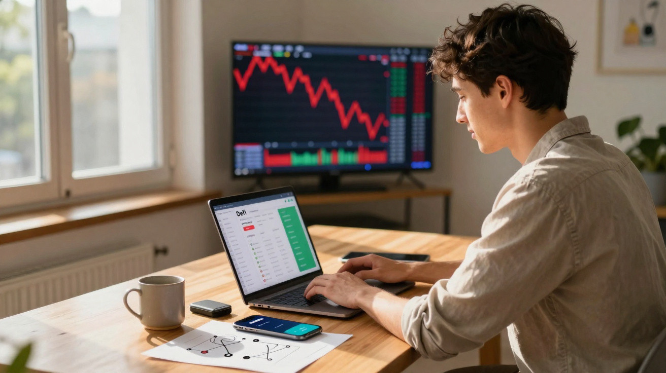 Young man analysing stock market data on laptop with downward trend chart on TV in bright room
