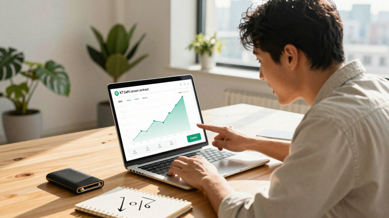 Person pointing at rising graph on laptop screen at wooden desk in bright room with plants and window light