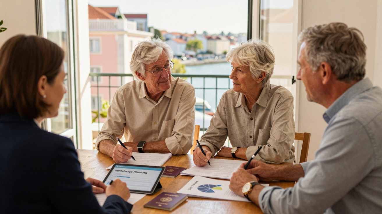 Two elderly couples discussing investment planning at a table near a window with documents and passports.