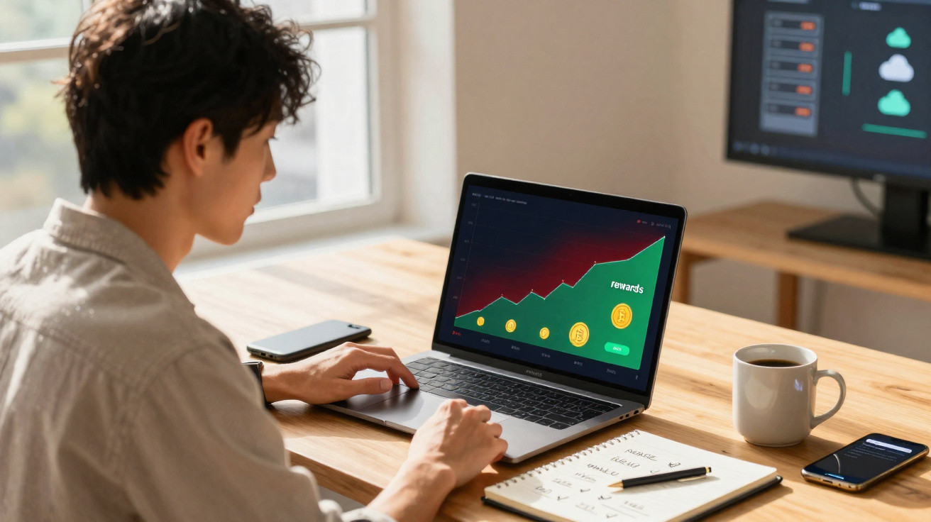 Person working on laptop displaying a rising rewards graph at a wooden desk with phone, notebook, and coffee mug.