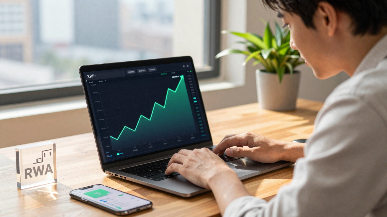 Person analysing a rising XRP cryptocurrency price chart on a laptop at a wooden desk by a window.