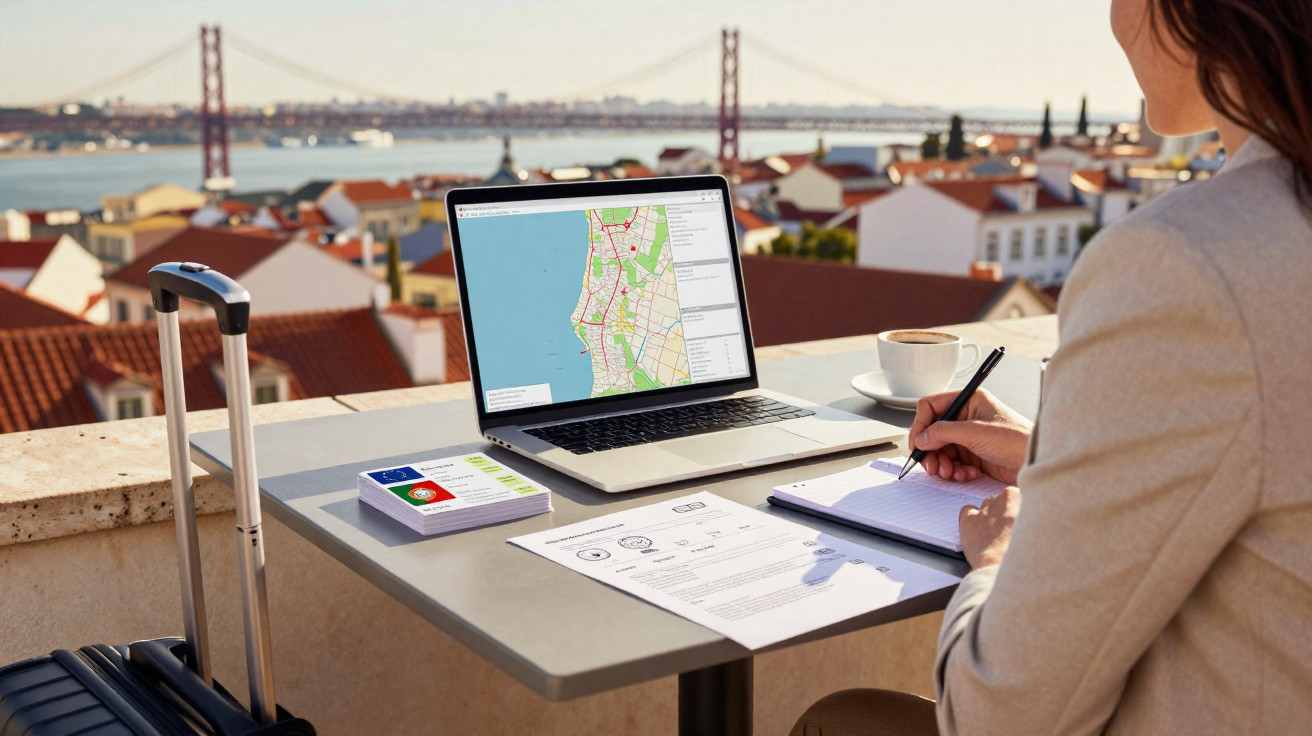Person working with travel documents and a laptop showing a map on a rooftop terrace with a cityscape view.