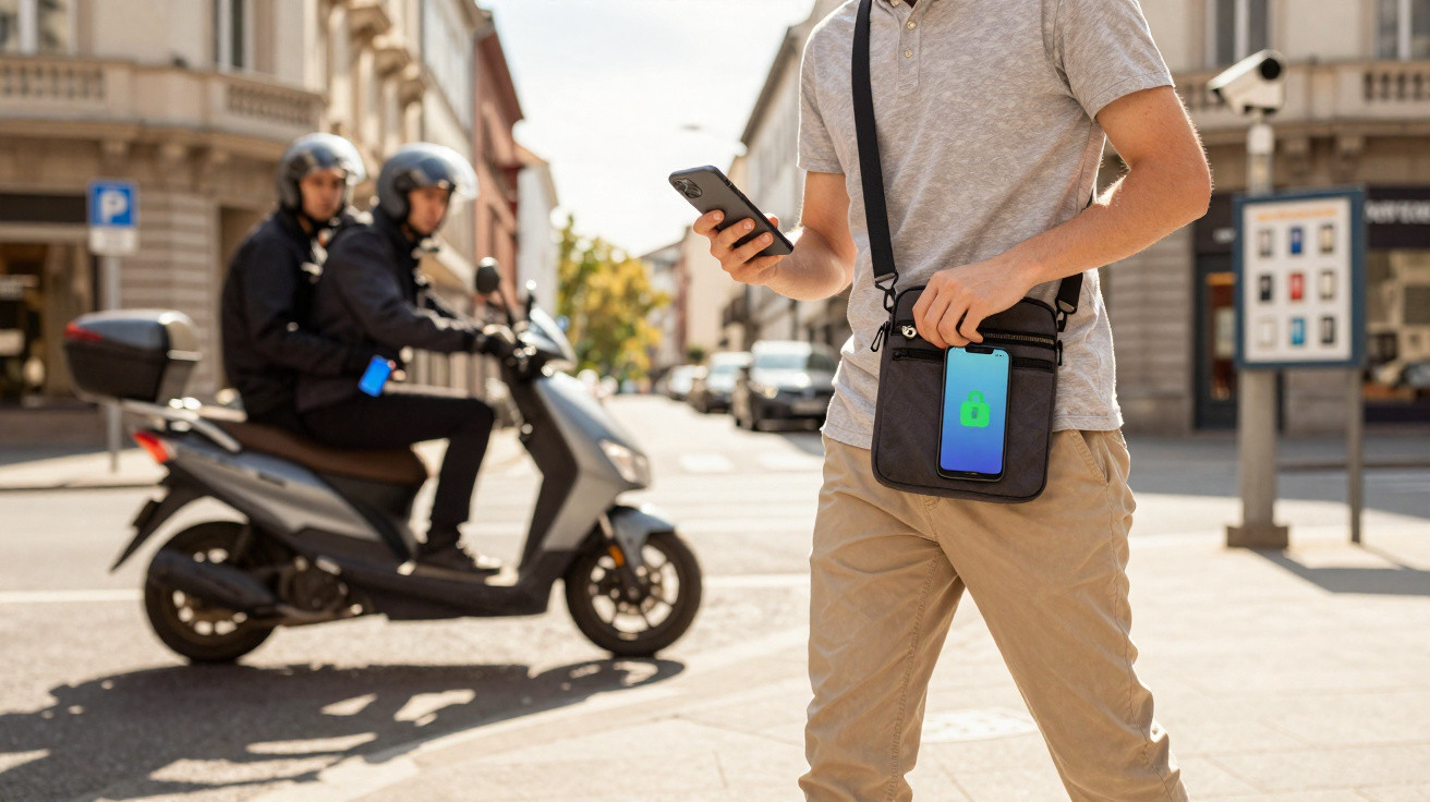 Man holding smartphone and anti-theft crossbody bag with lock icon on screen on a city street.