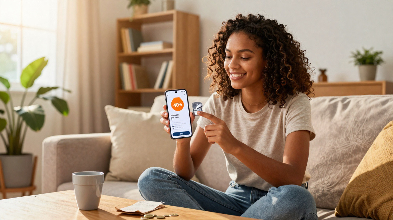 Smiling woman sitting on sofa holding smartphone showing finance app and pointing at a coin in hand.