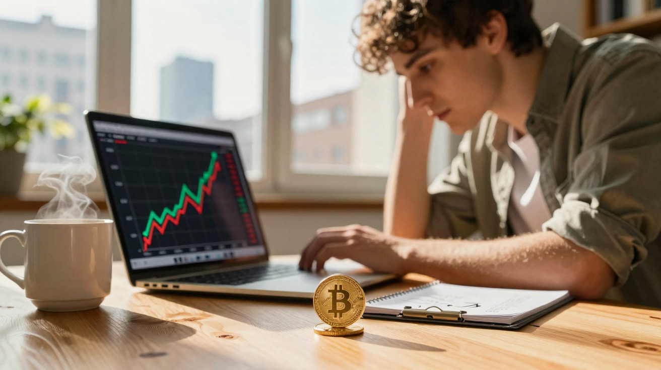 Young man analysing bitcoin charts on laptop with steaming mug and bitcoin coin on desk in daylight