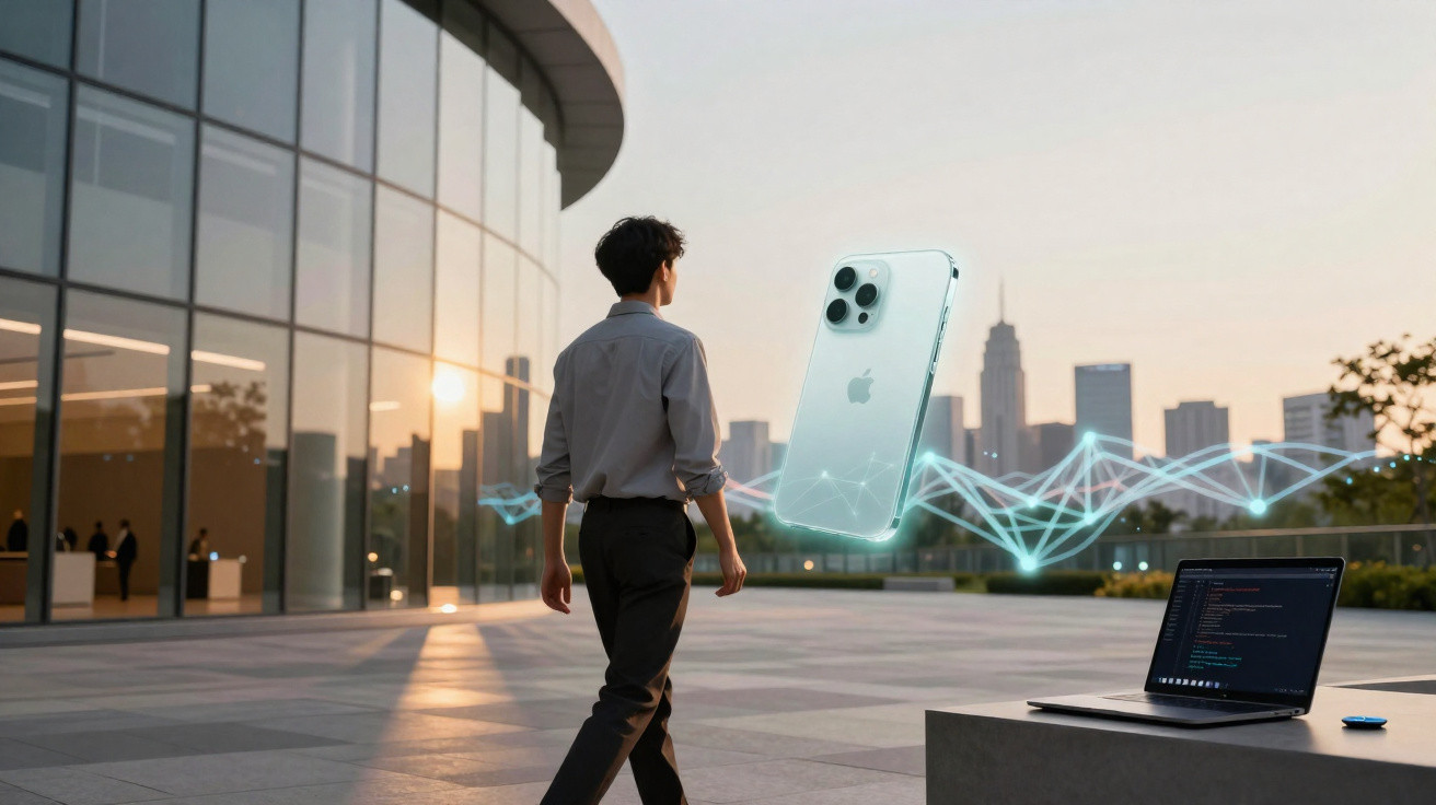 Man walking outdoors near modern building with holographic iPhone and laptop on a table at sunset.