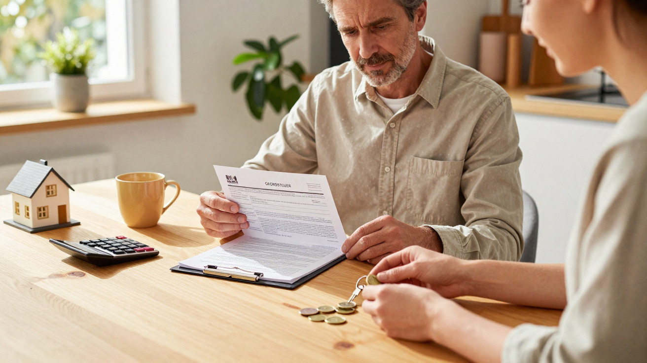Man reviewing a contract at a table while a woman holds house keys and coins in a bright room.