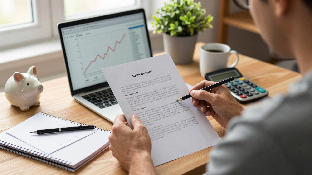 Person reviewing financial document with laptop showing upward graph, calculator, notebook, and piggy bank on desk.