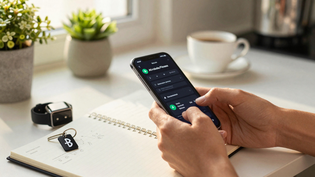Person holding smartphone showing a wallet app, next to notebook, smartwatch, key with Bitcoin symbol, and coffee cup.
