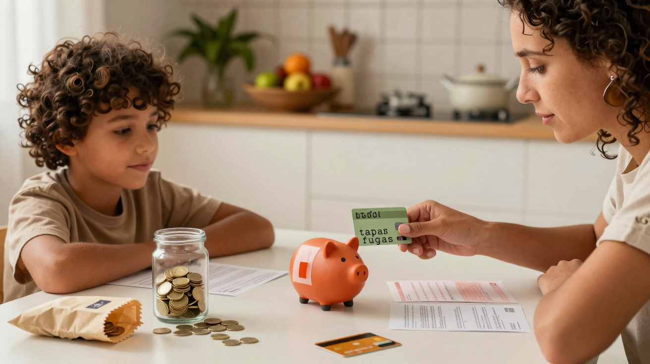 Child and adult saving money with piggy bank, coins, and financial documents on kitchen table.