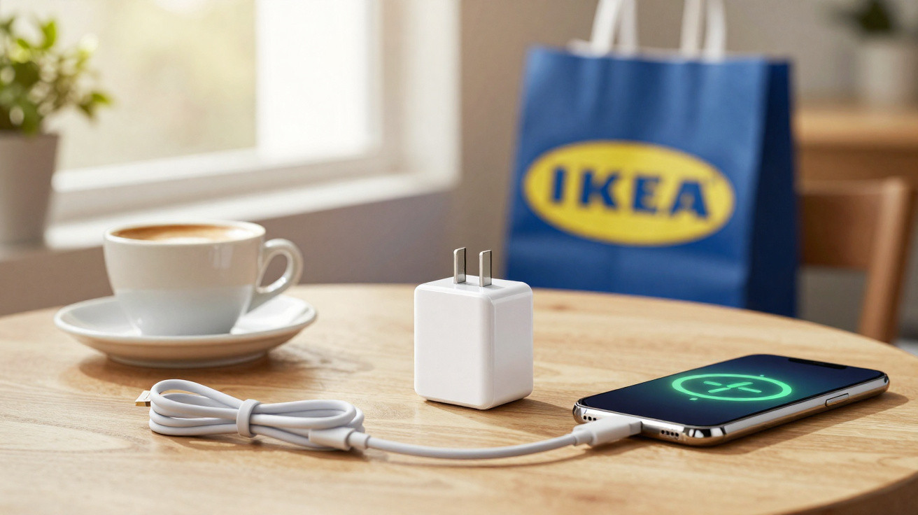 Smartphone charging with cable and adaptor on wooden table next to coffee cup and IKEA shopping bag.