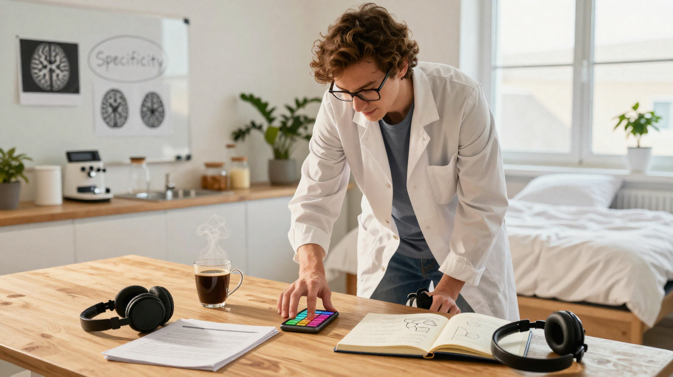 Scientist in a lab coat using a touchscreen device on a wooden desk with notebooks, headphones, and a coffee cup.