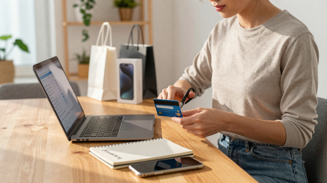 Woman cutting a credit card next to a laptop, notebook, and smartphone on a wooden table at home.
