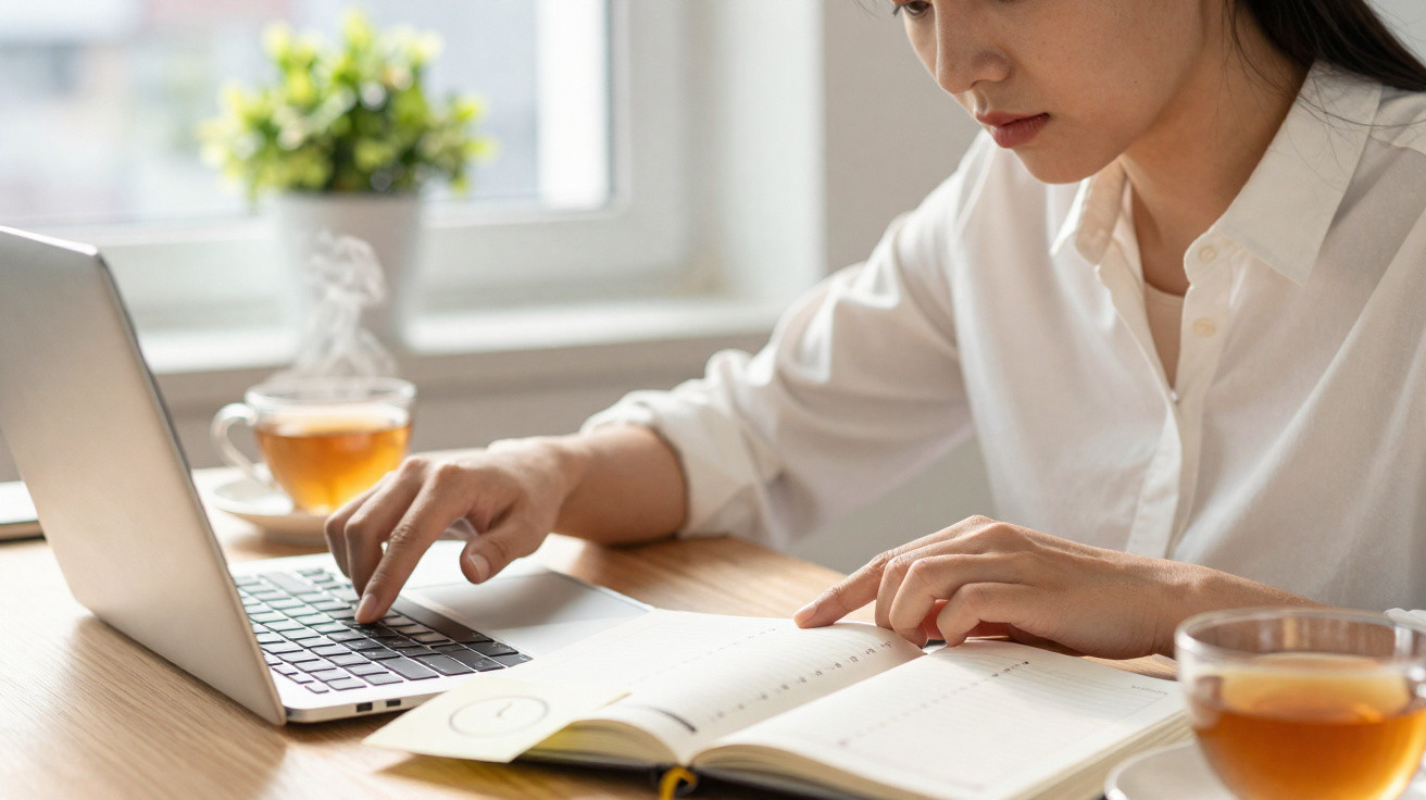 Woman in white shirt working on laptop and planning in diary with cups of tea on wooden table near window.