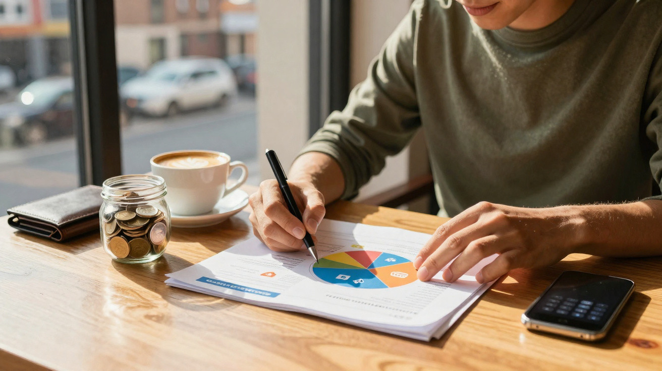 Person analysing a colourful pie chart with coins, coffee, wallet, and smartphone on a wooden table by the window.