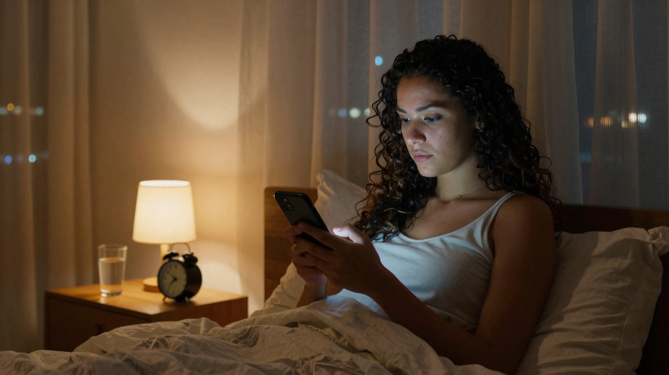 Young woman with curly hair using smartphone in bed at night with bedside lamp and clock visible