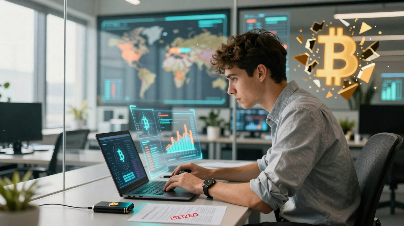 Young man analysing Bitcoin data on laptop in modern office with world map and digital Bitcoin graphics.
