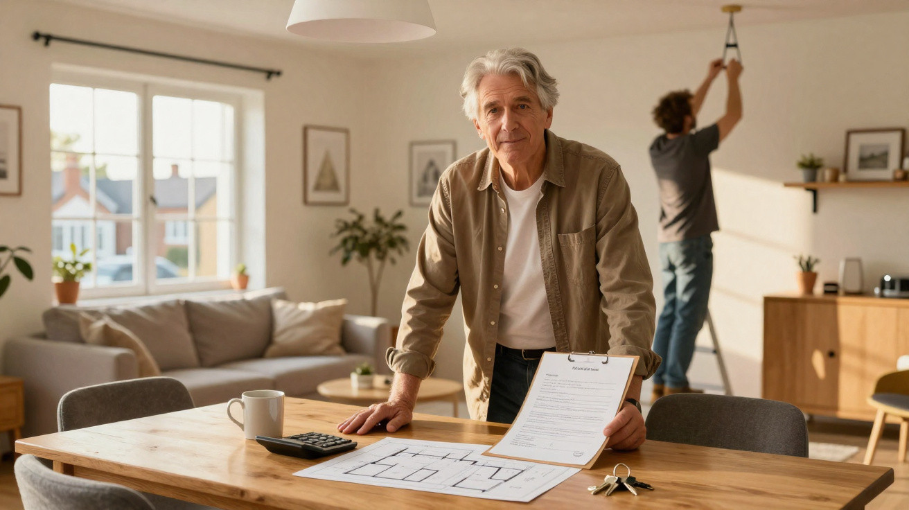 Older man with house plans and clipboard at table while another man installs light fixture in background