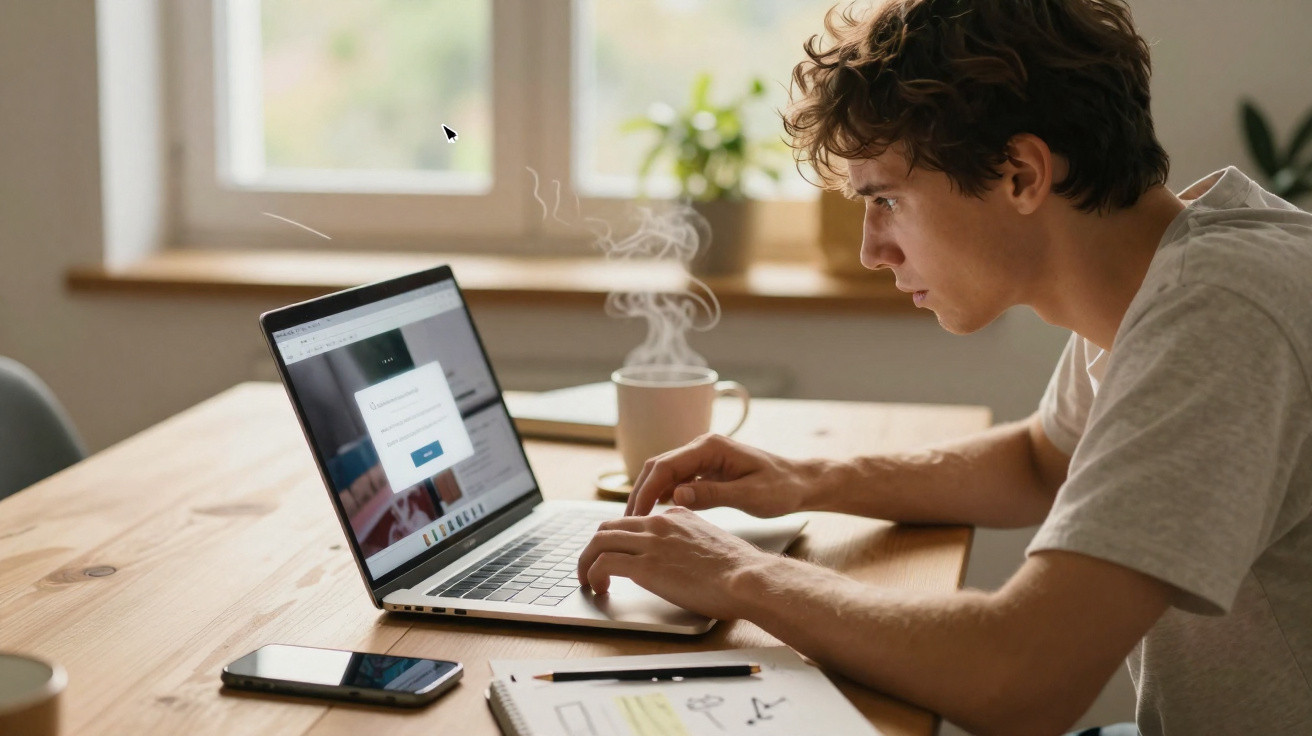 Young man focused on laptop login screen with smartphone, notebook, and hot drink on wooden table by window.