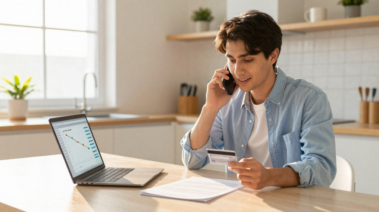 Young man using phone and holding credit card while working on laptop at kitchen table with documents.