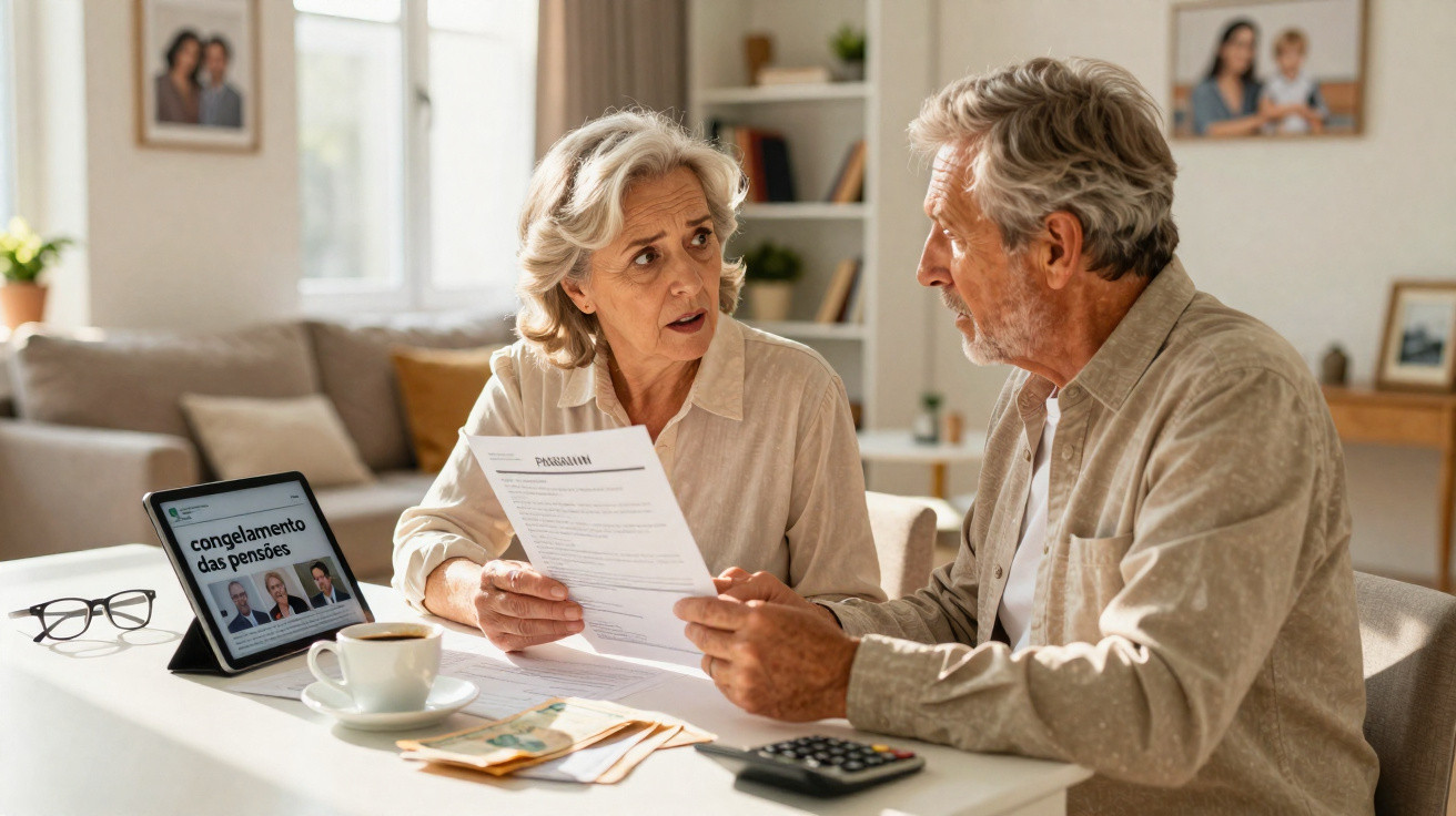 Older couple discussing pension documents at a table with coffee, cash, and a tablet displaying pension news.
