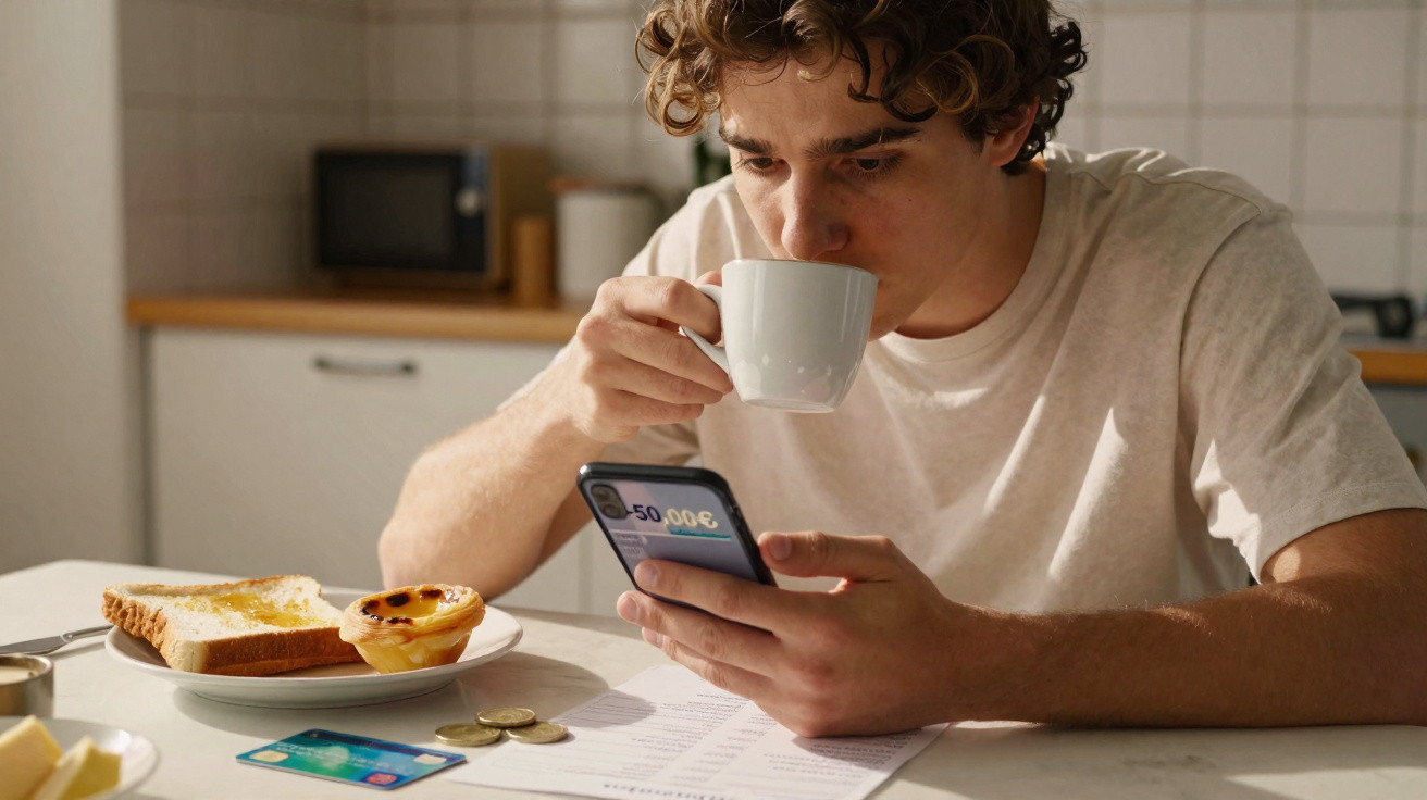 Young man drinking coffee while checking his smartphone at a kitchen table with breakfast and bills.