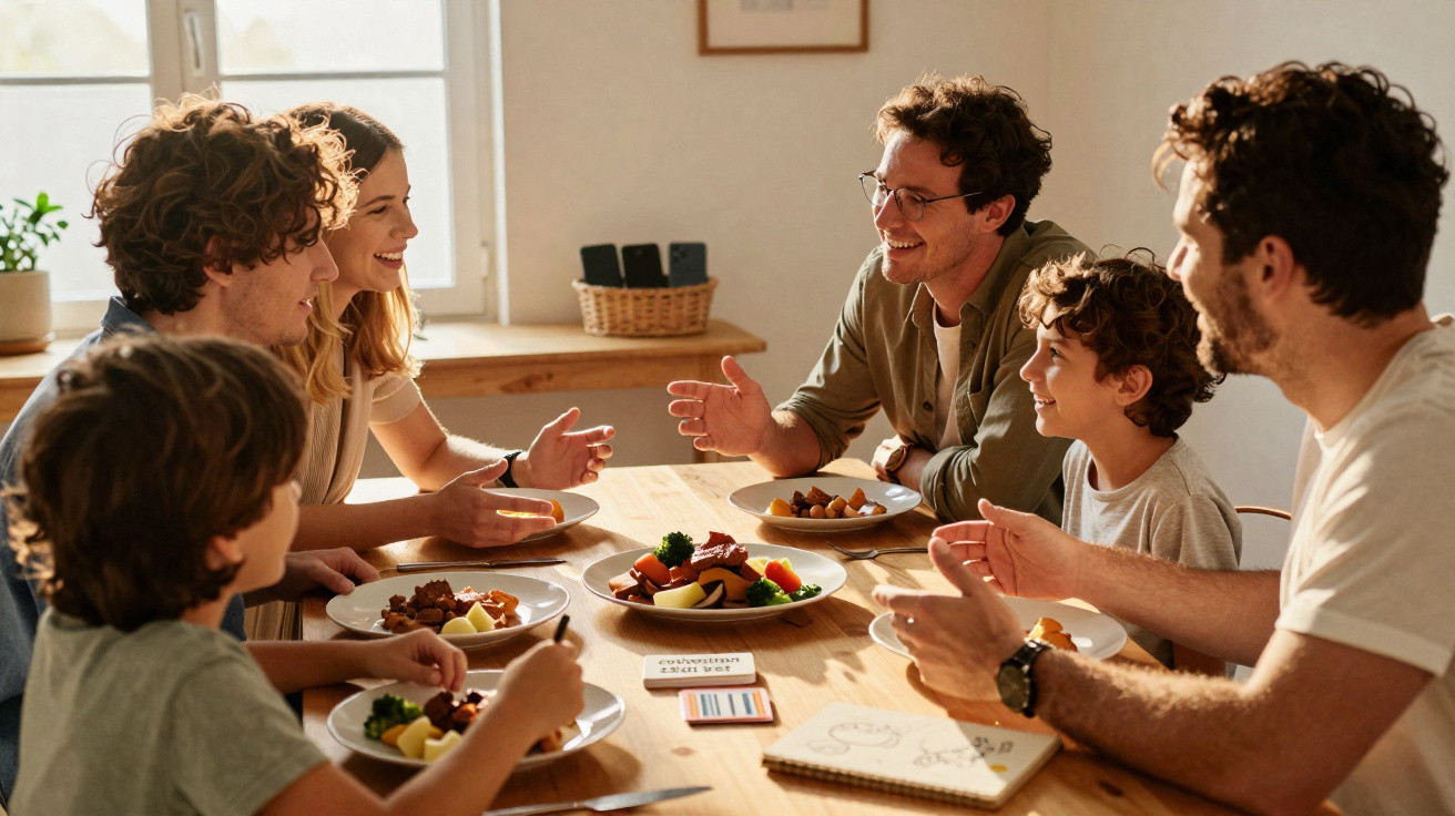 A family of six enjoying a meal and lively conversation around a sunlit wooden dining table.