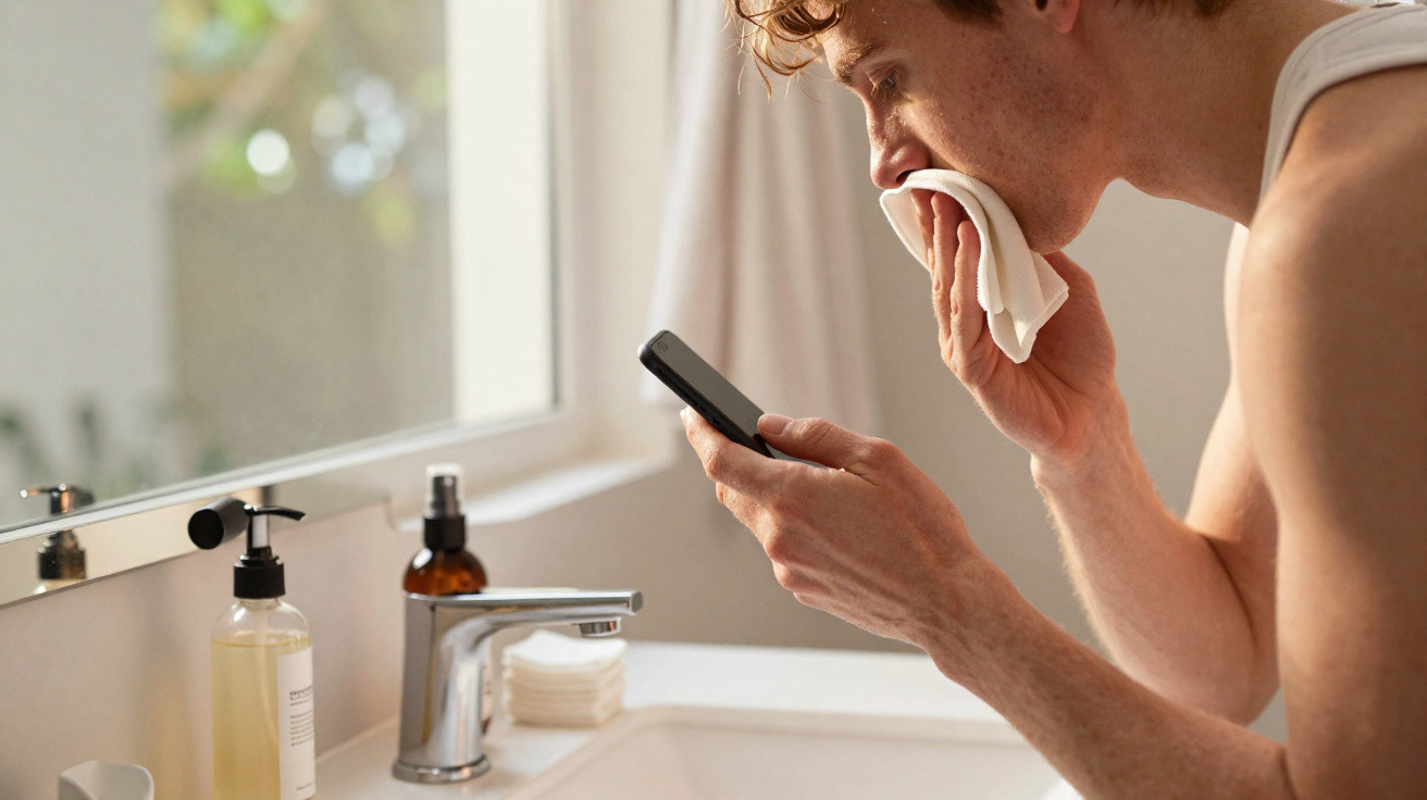 Man wiping his face with a towel while checking his smartphone in a bathroom next to a sink and mirror.