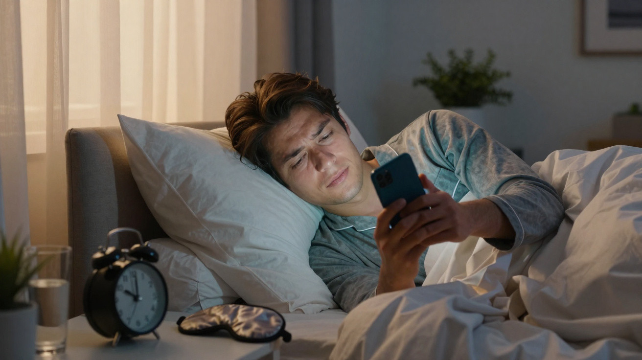 Man lying in bed at night using smartphone with an alarm clock and sleep mask on bedside table.