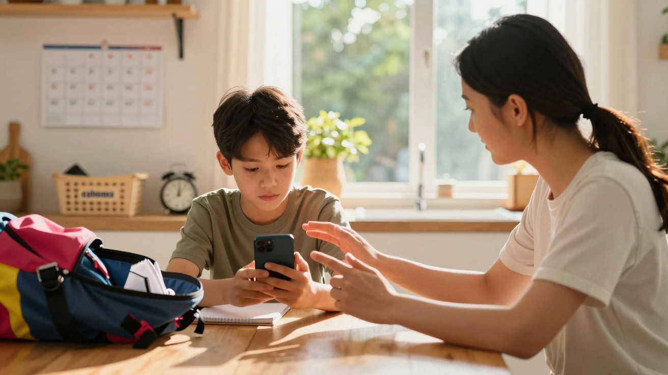 Mother and son sitting at a table, the boy focused on a smartphone while the mother gestures during conversation.
