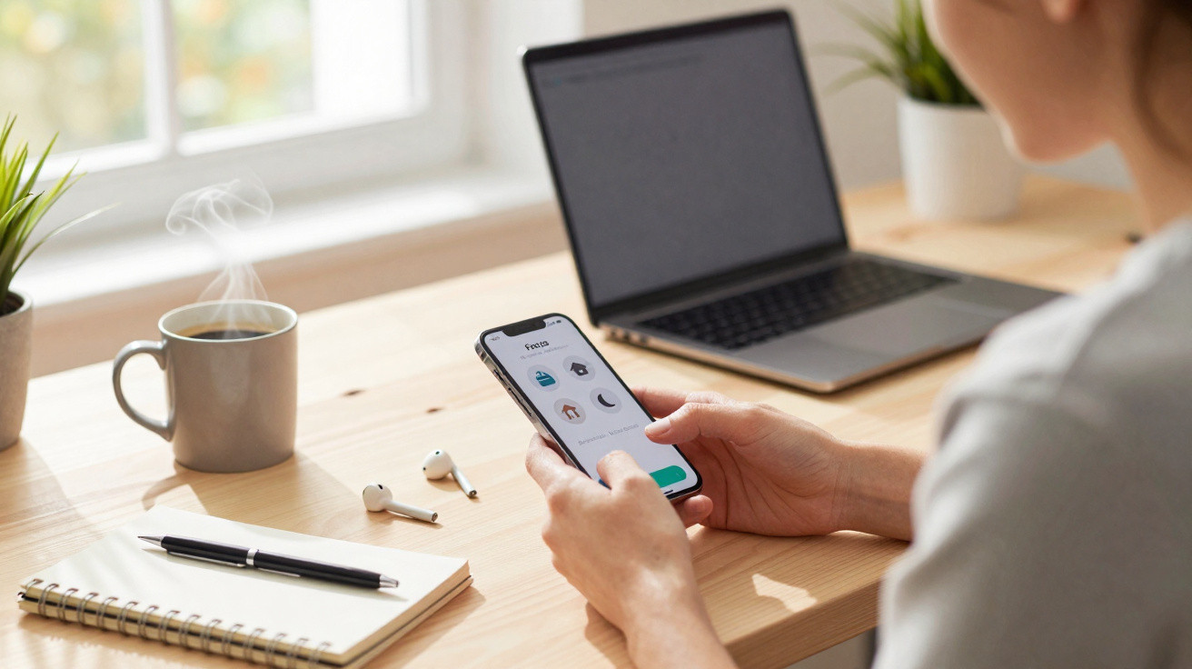Person using a smartphone with home automation app at a wooden desk with laptop, notebook, pen, earbuds, and hot coffee.