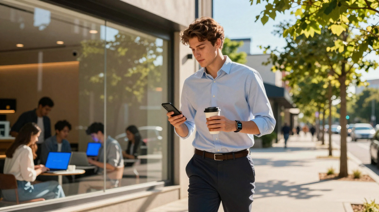 Young man in smart casual walking outside with coffee and phone near café with seated people inside.
