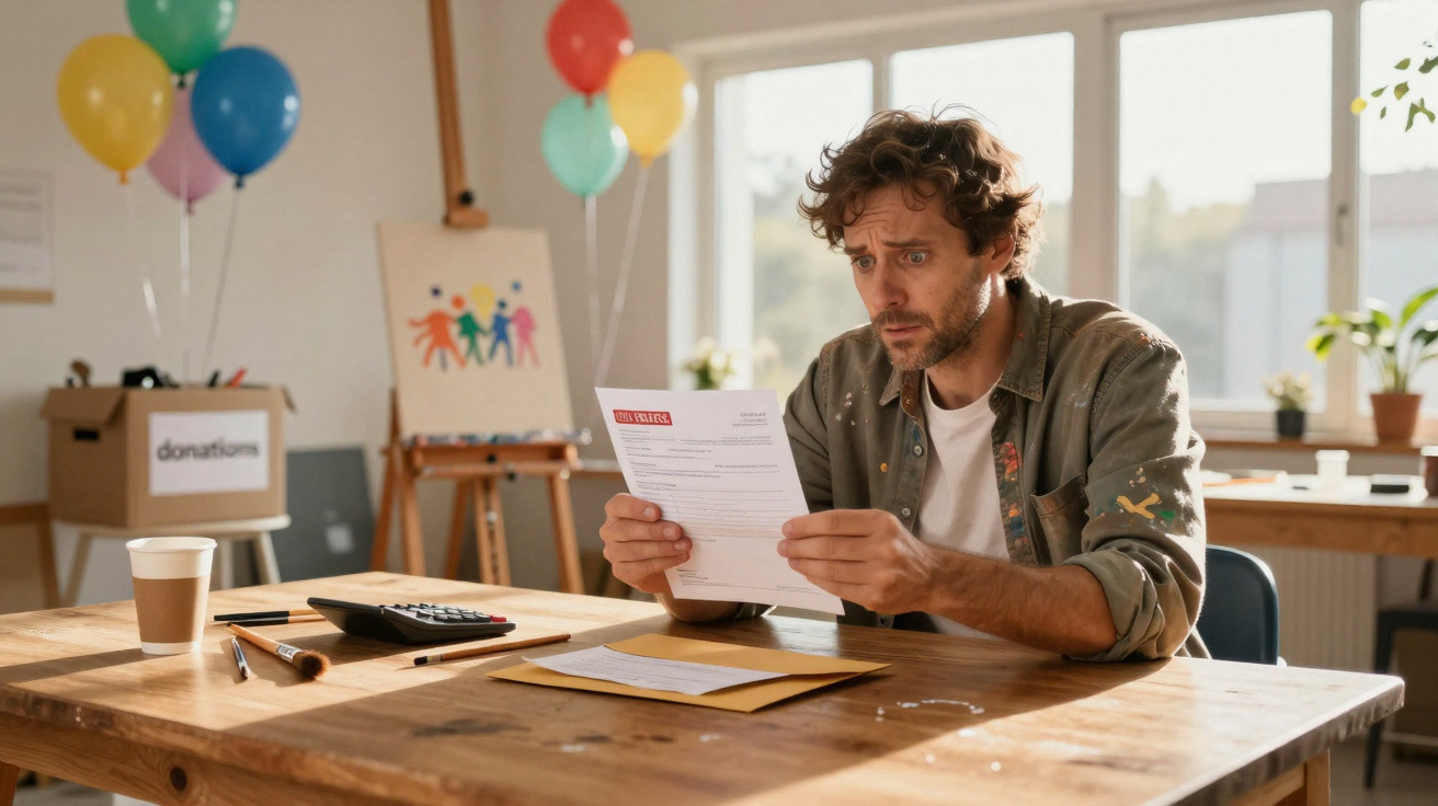 Man sitting at a table looking stressed while reading a letter marked "Important" in a brightly decorated room.