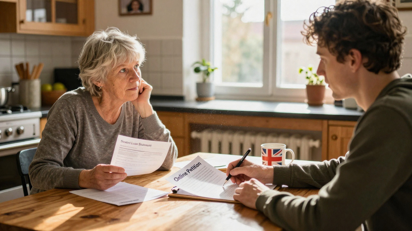 Older woman and younger man discussing and signing an online petition at a kitchen table with a Union Jack mug.