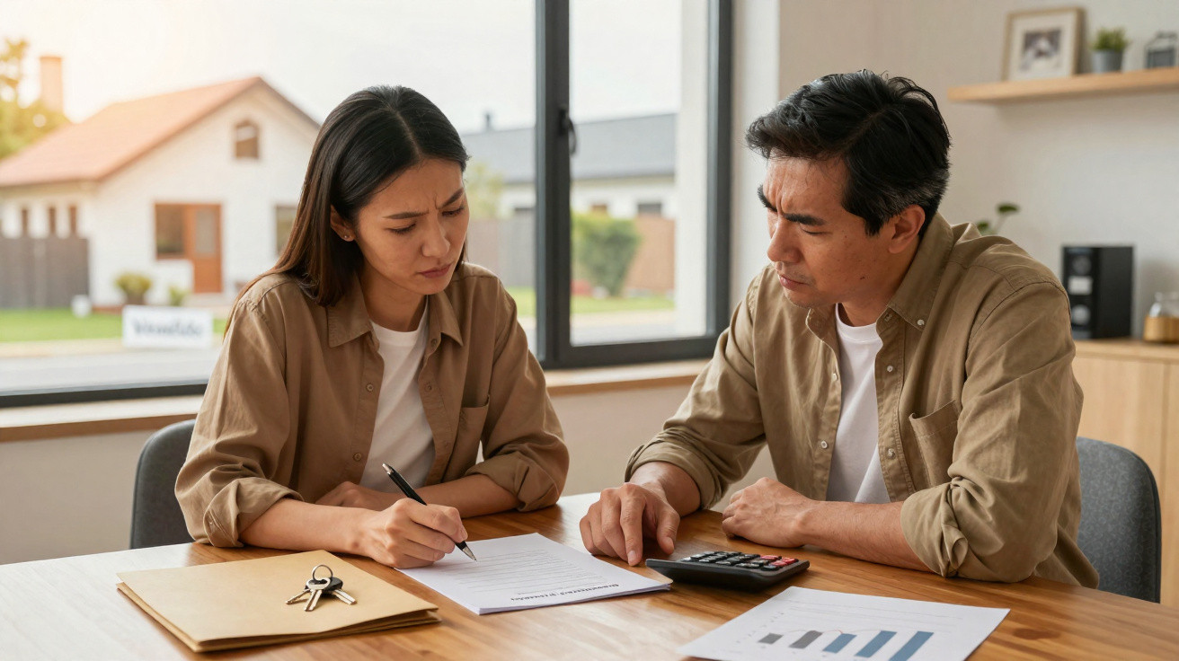 Couple reviewing documents and using a calculator at a wooden table in a well-lit room.