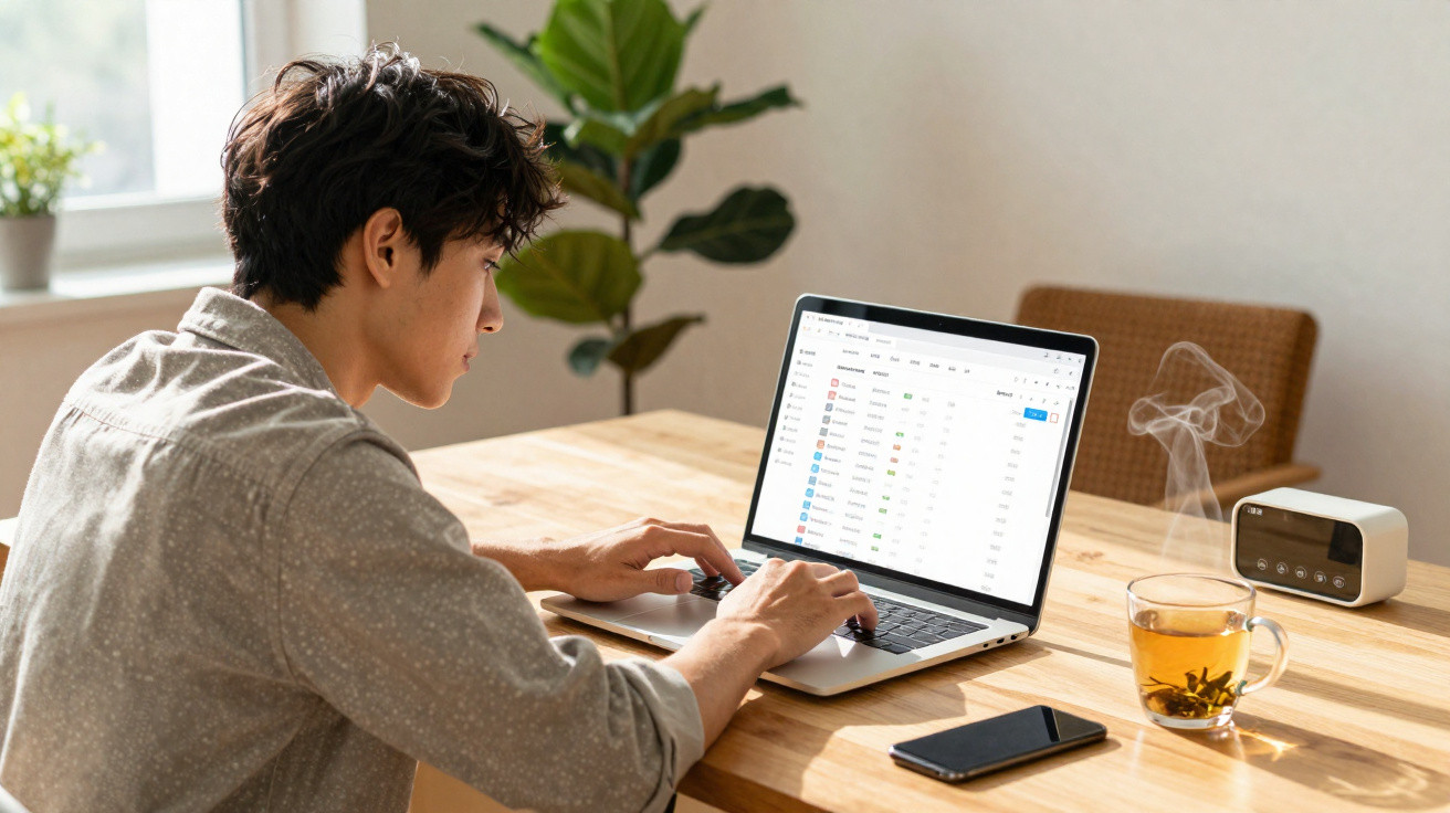 Young man working on a laptop at a wooden table with a smartphone, steaming tea, and a clock nearby.