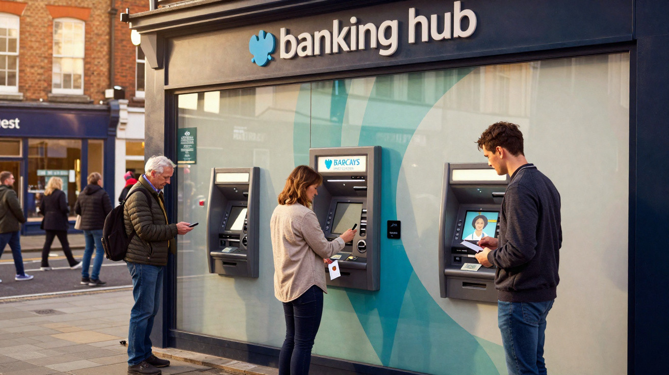 Three people using cash machines outside a Barclays banking hub on a city street.