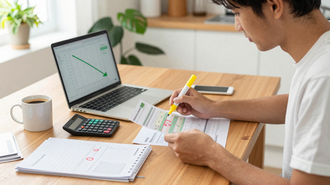 Person highlighting financial documents at a wooden desk with laptop, calculator, coffee cup, and phone.