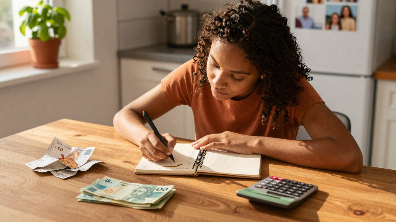 Young woman with curly hair writing in a notebook, with cash and a calculator on the table in a kitchen.