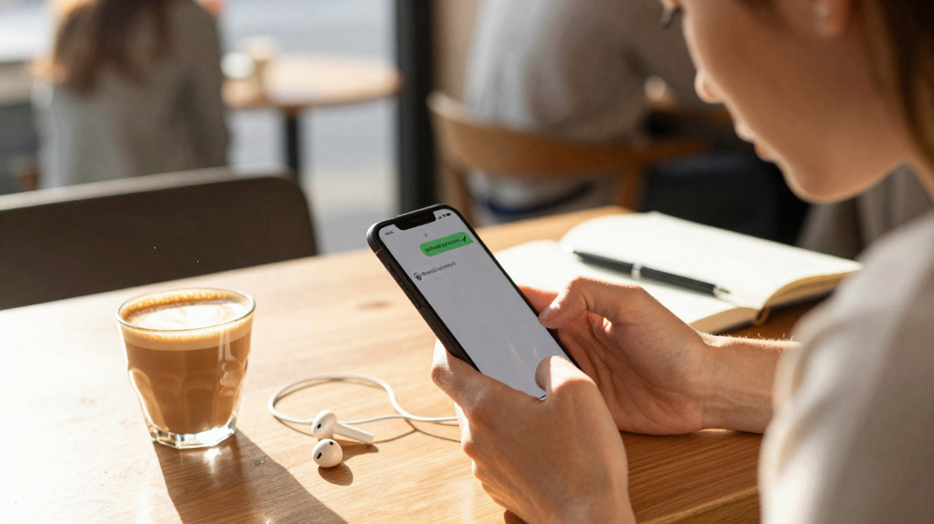 Person holding smartphone with text messages, earphones and coffee cup on wooden table in café.