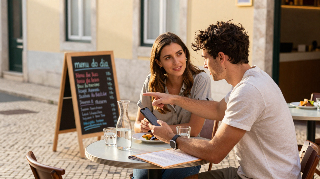 Young man and woman sitting at outdoor café table, looking at smartphone and menu with water and glasses nearby.