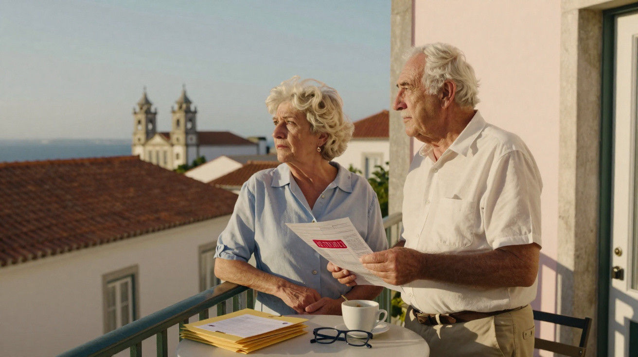 Elderly couple on balcony reviewing documents with coffee, overlooking rooftops and distant church towers.