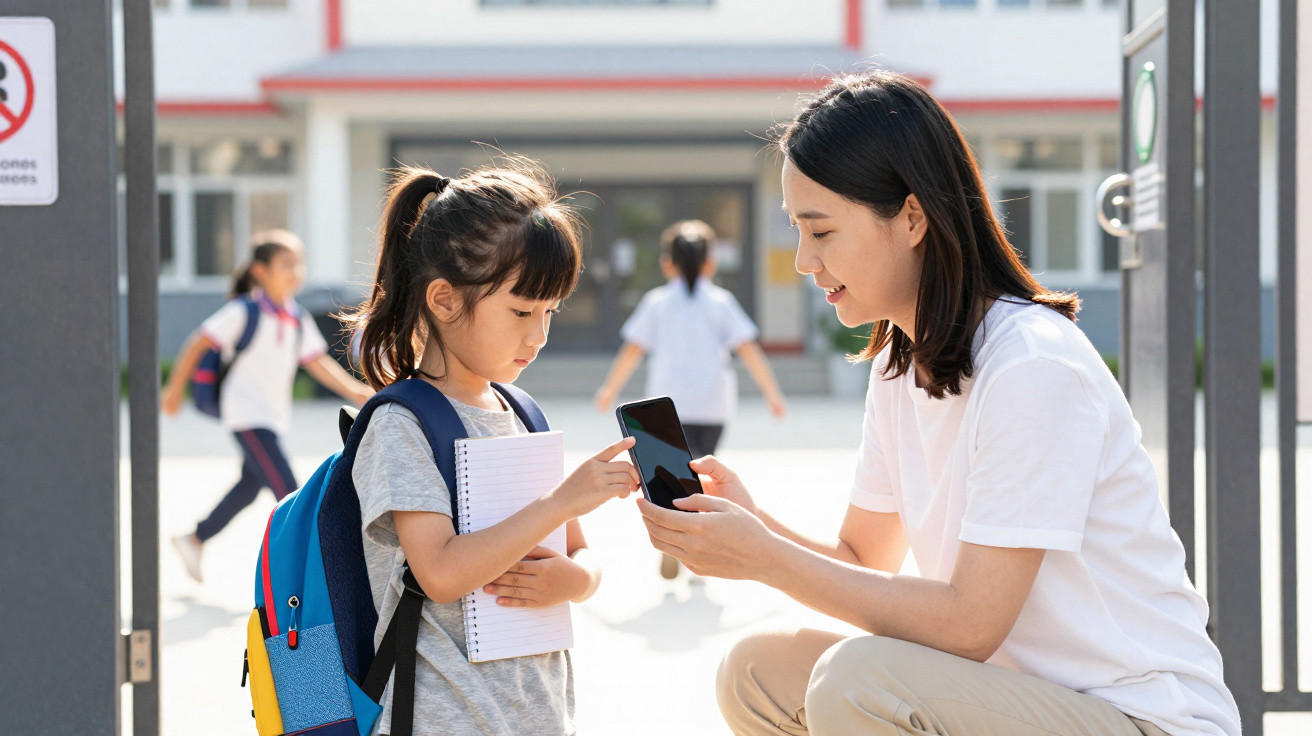 Woman kneeling and showing a smartphone to a young schoolgirl holding a notebook outside a school gate.