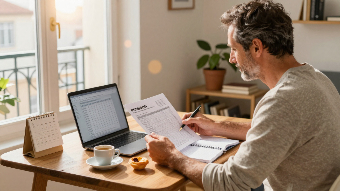 Man sitting at a desk reviewing pension documents with a laptop, coffee, and pastry by a window in daylight.
