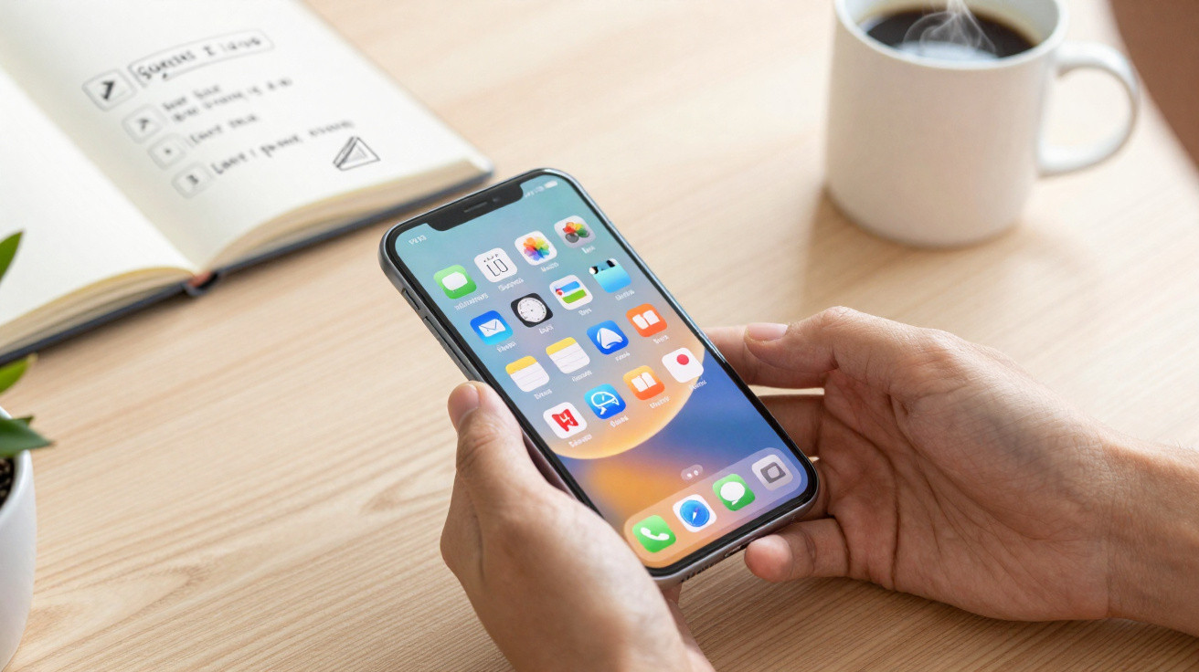 Person holding a smartphone displaying a home screen with apps, next to a notebook and steaming cup of coffee on a wooden des