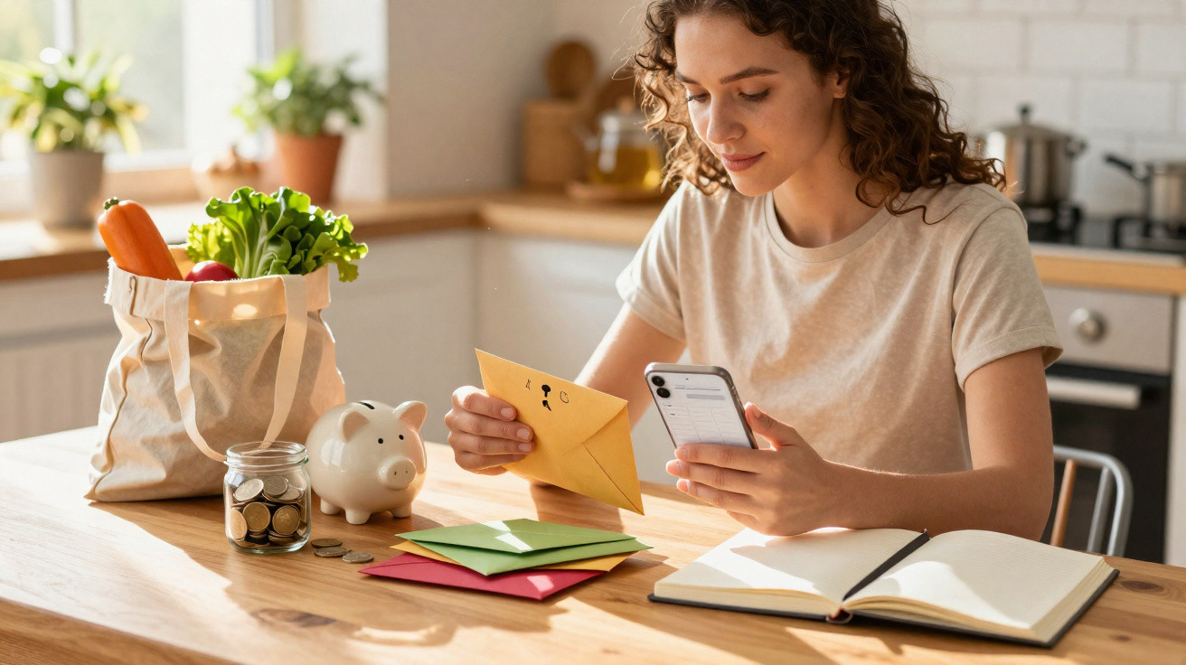 Woman sitting at kitchen table holding an envelope and smartphone, with groceries, piggy bank, and notebooks nearby.