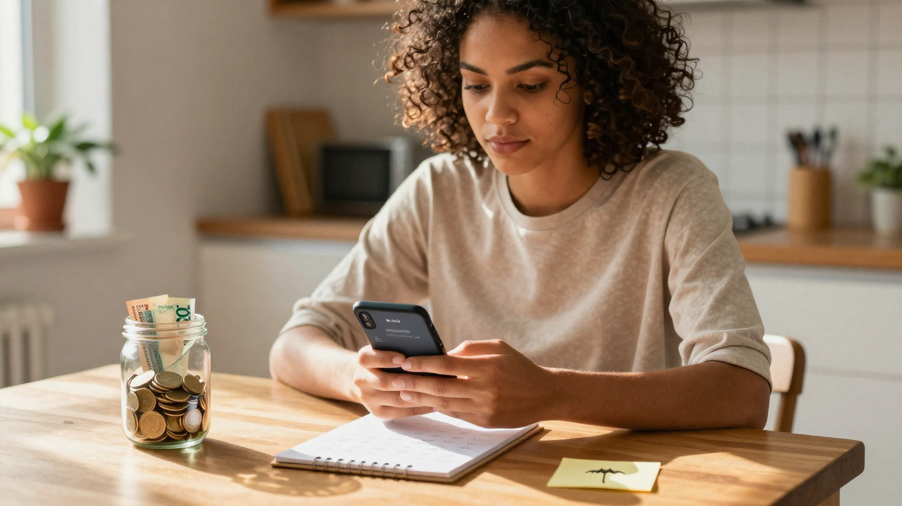 Young woman at kitchen table using smartphone with jar of coins and notepad nearby in natural light