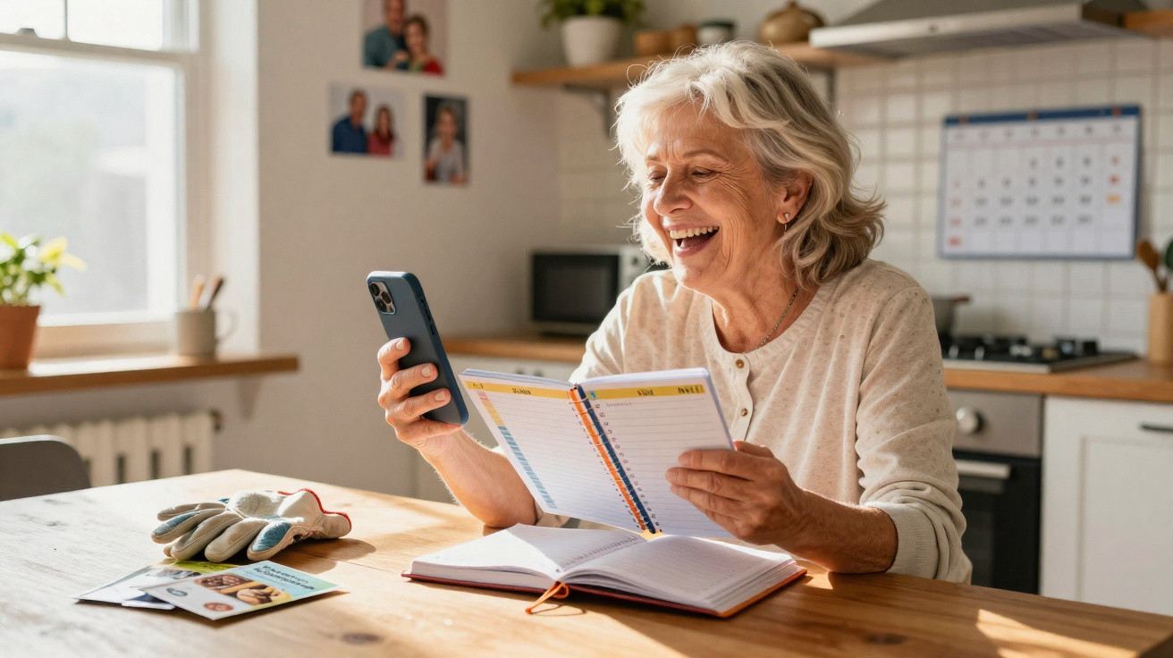 Senior woman sitting at kitchen table, smiling at phone while holding an open planner in daylight.